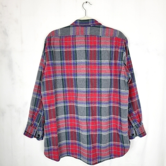 Vintage 90's L.L. Bean Red Gray Plaid Oversized Heavy Button Up Shirt Shacket - Picture 2 of 5